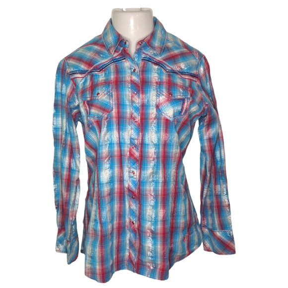 ARIAT Fitted Pink Blue Metallic Cowgirl Western Button Down Shirt XL